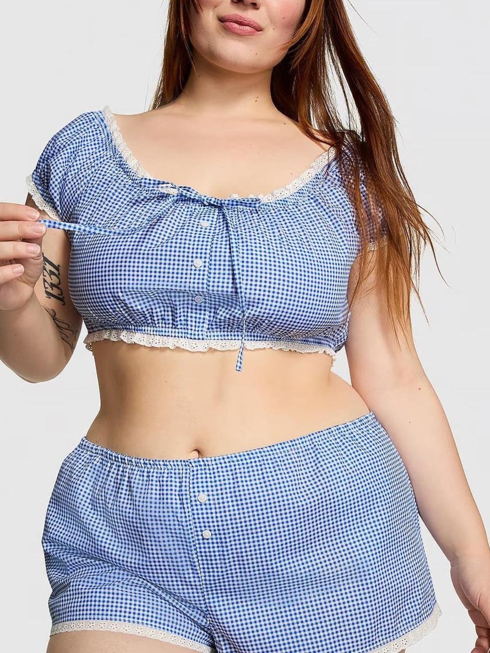 Frankie's Bikinis Blue Gingham Crop Top with Lace Trim